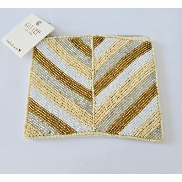 Kay Lee Ivory Metallic Striped Beaded Coin Purse NWT - Picture 2 of 3